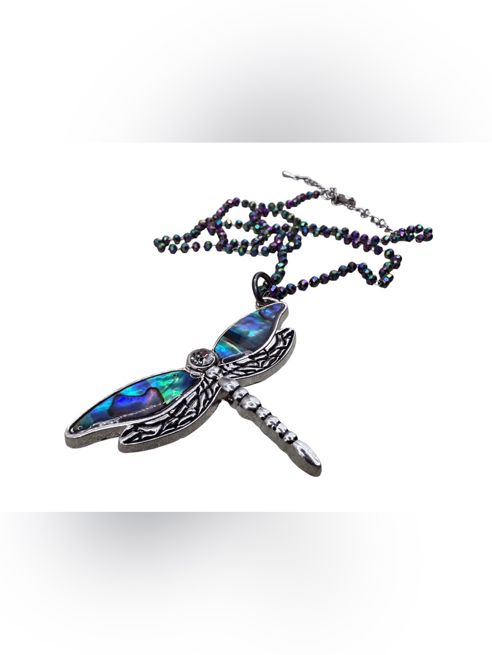 Dragonfly Pendant Necklace with Iridescent Blue-Green Inlay